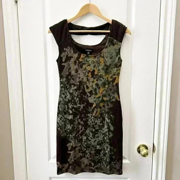 Le Chateau Midi Dress Sleeveless Stretch  Knit Brown Green Print Size XS - Picture 3 of 16